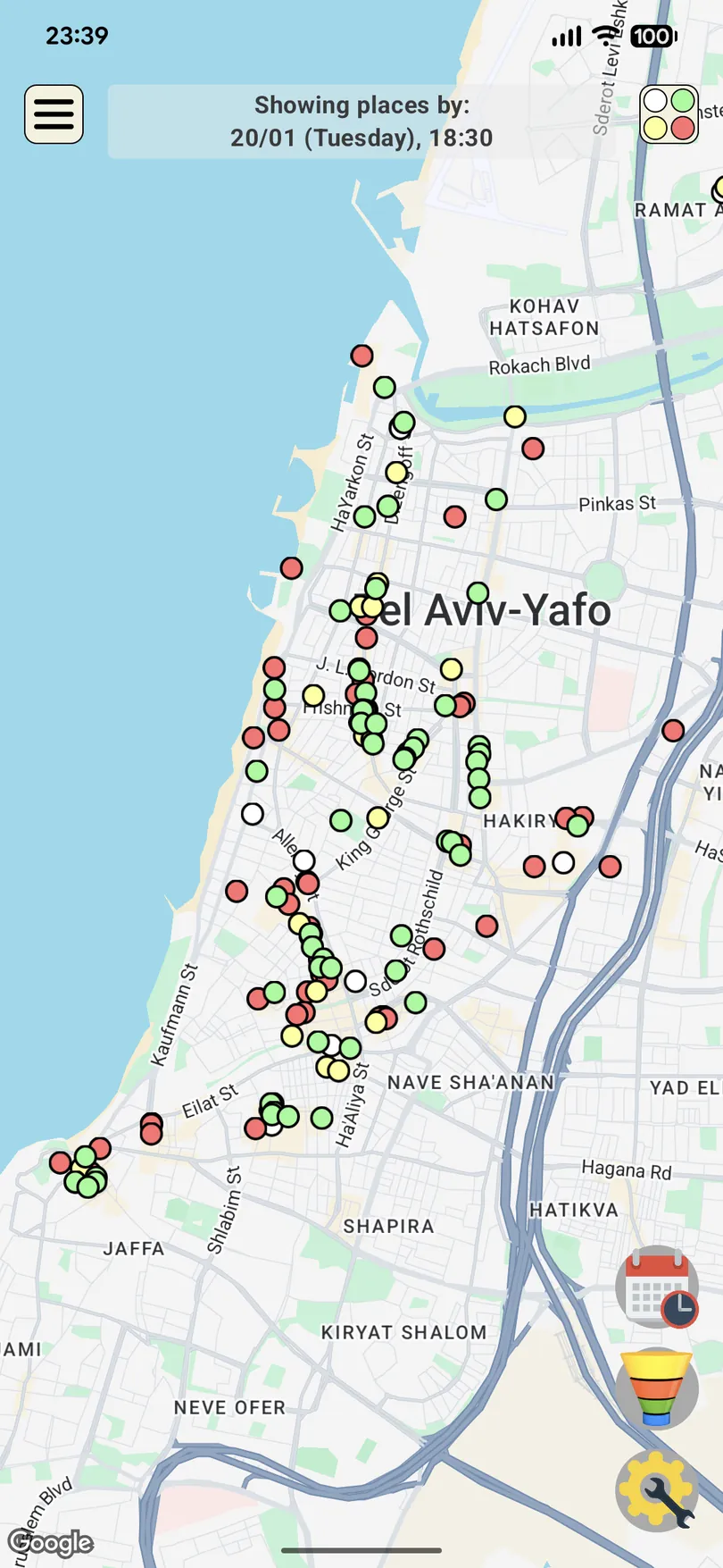 Zolo map of all of Tel Aviv with happy hour venues marked