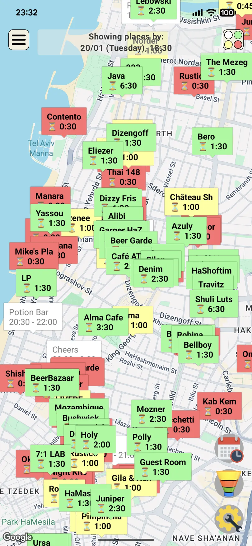 Zolo map zoomed in on central Tel Aviv, each venue showing a deal timer