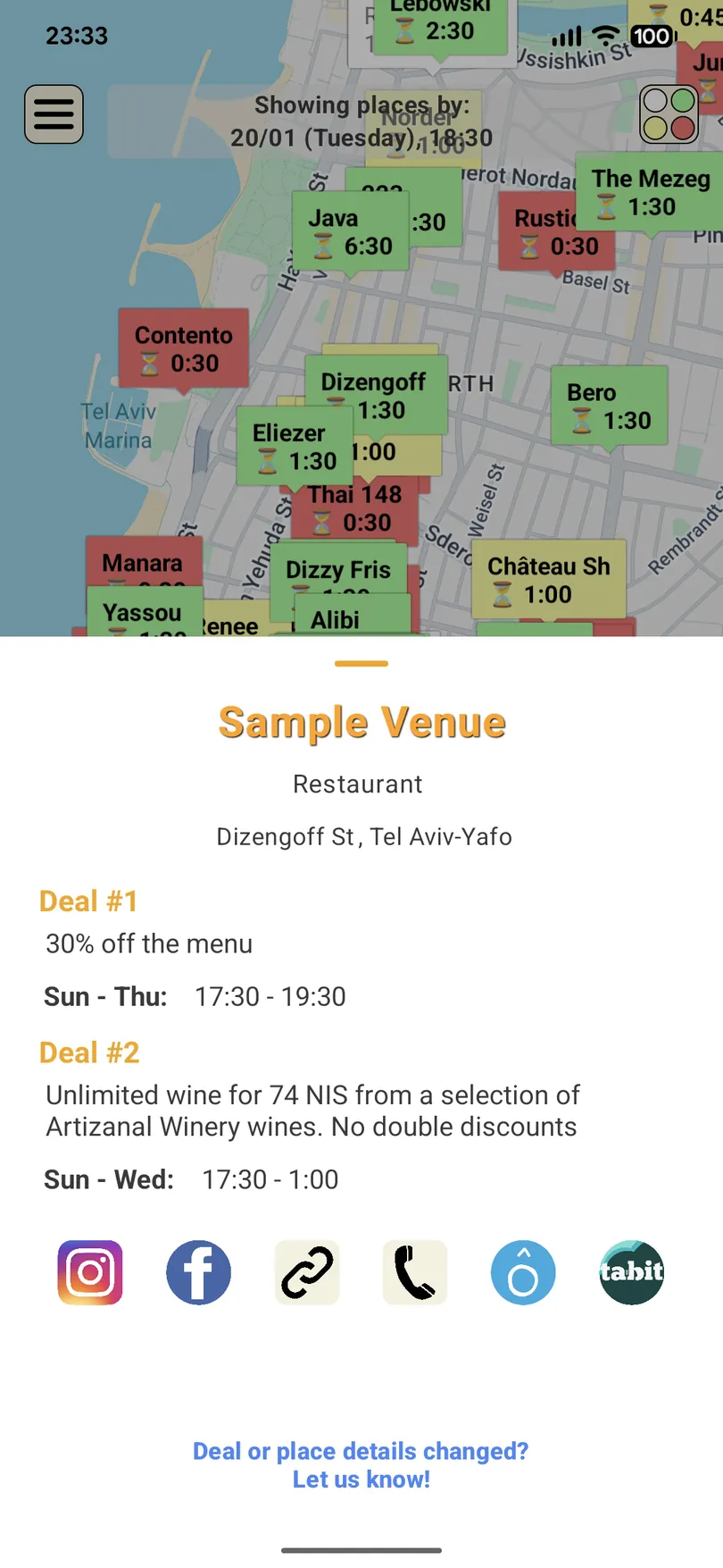 Zolo venue page listing its happy hour deals, hours and contact links