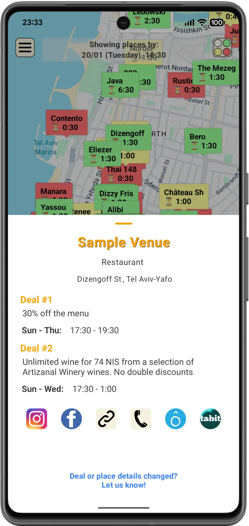 Zolo app showing a venue's happy hour deals on the Tel Aviv map